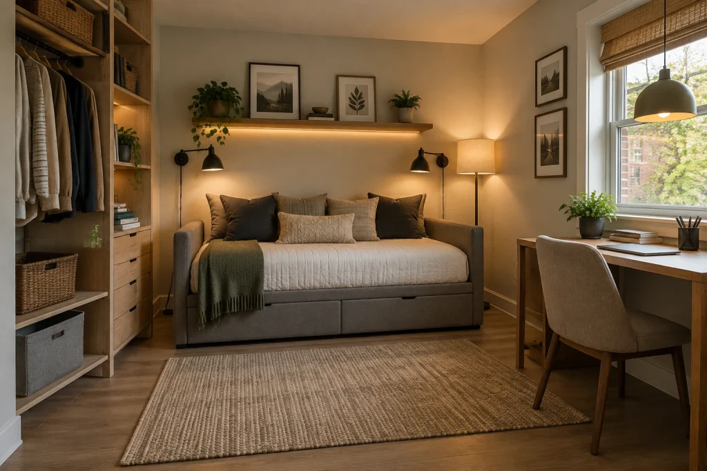 Renter-friendly studio bedroom with plug-in layered lighting, Casual modern renter-friendly Studio / small-bedroom sleeping zone interior