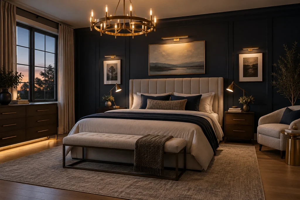 Moody dark bedroom: accent and task in a deep palette, Contemporary dramatic Master bedroom interior