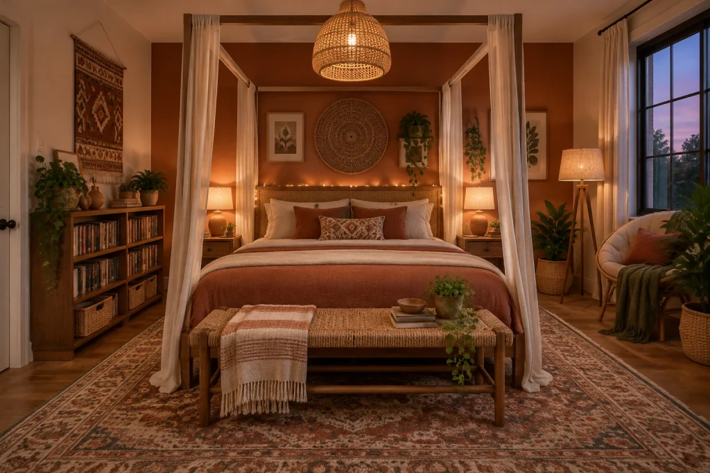 Bohemian layered warmth with layered accent lighting, Boho eclectic Guest or youth bedroom interior