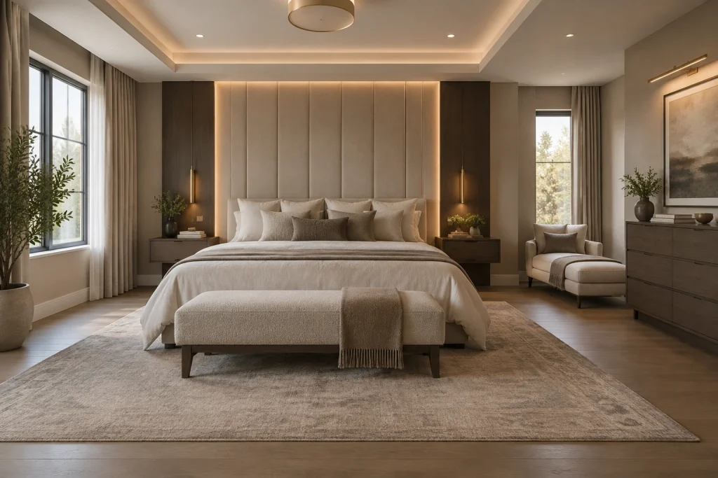 Minimal luxe with integrated architectural lighting, Contemporary luxe Master bedroom interior