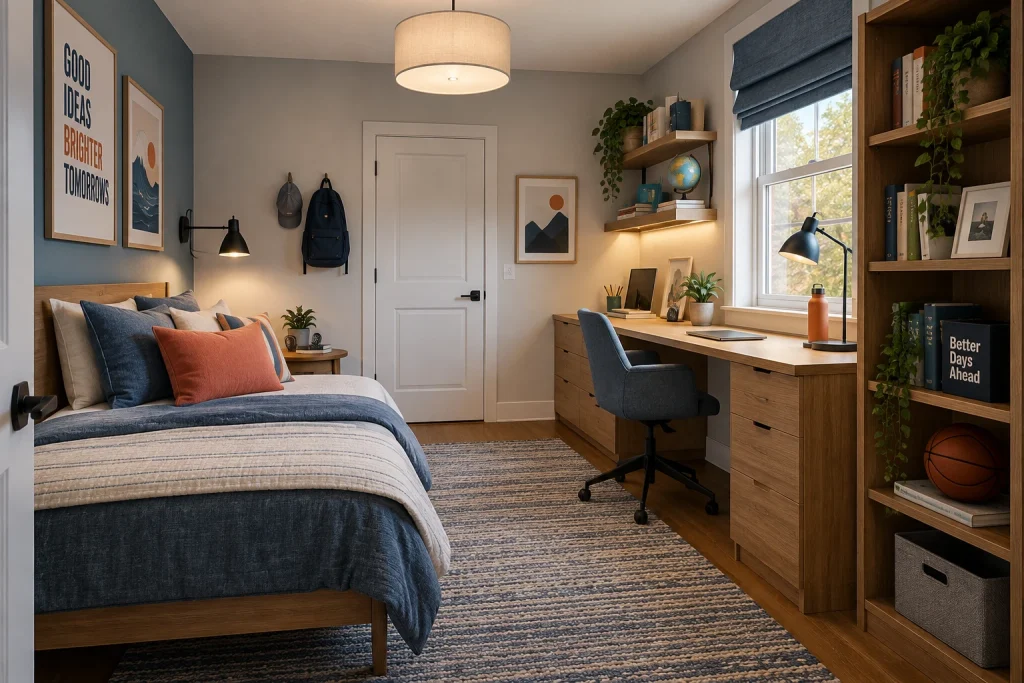 Teen or kid bedroom: task-focused layered lighting for study and sleep, Modern casual youth Teen bedroom interior