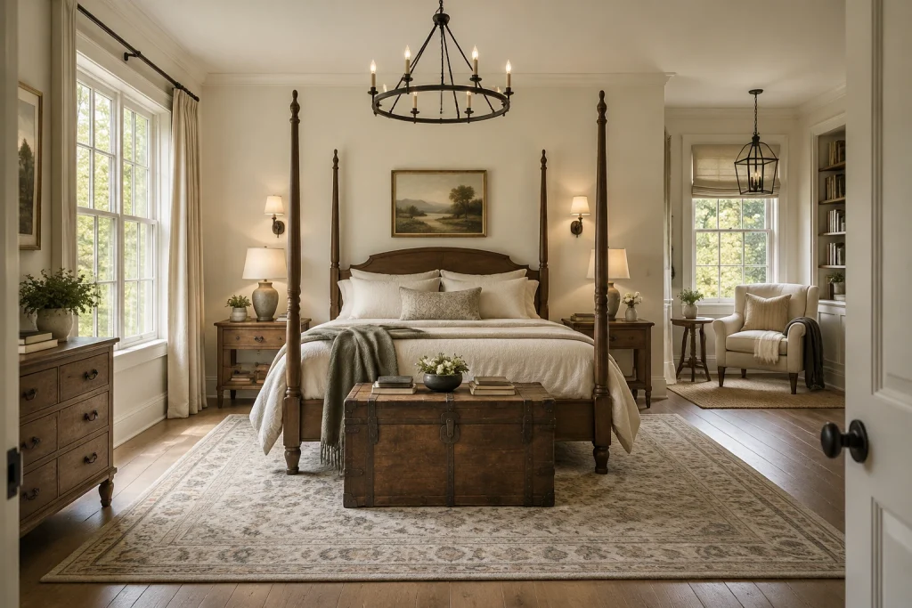 Historic farmhouse bedroom with layered warm fixtures, Farmhouse traditional Primary or guest bedroom in older house interior