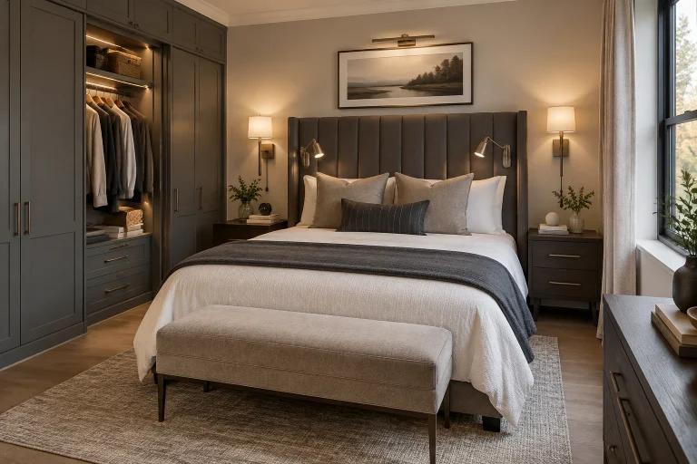Hotel-inspired compact luxury with renter-friendly upgrades, Hotel-inspired contemporary Small master or guest bedroom interior