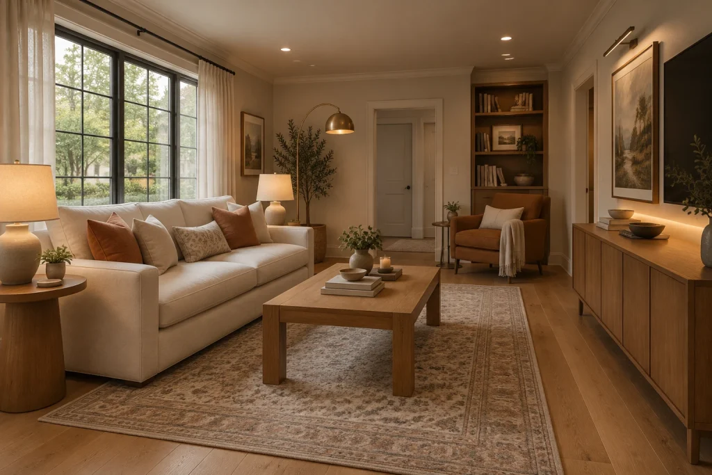 Classic warm-layered living room with mixed ambient, task and accent lighting, Warm modern-traditional Medium-sized living room interior