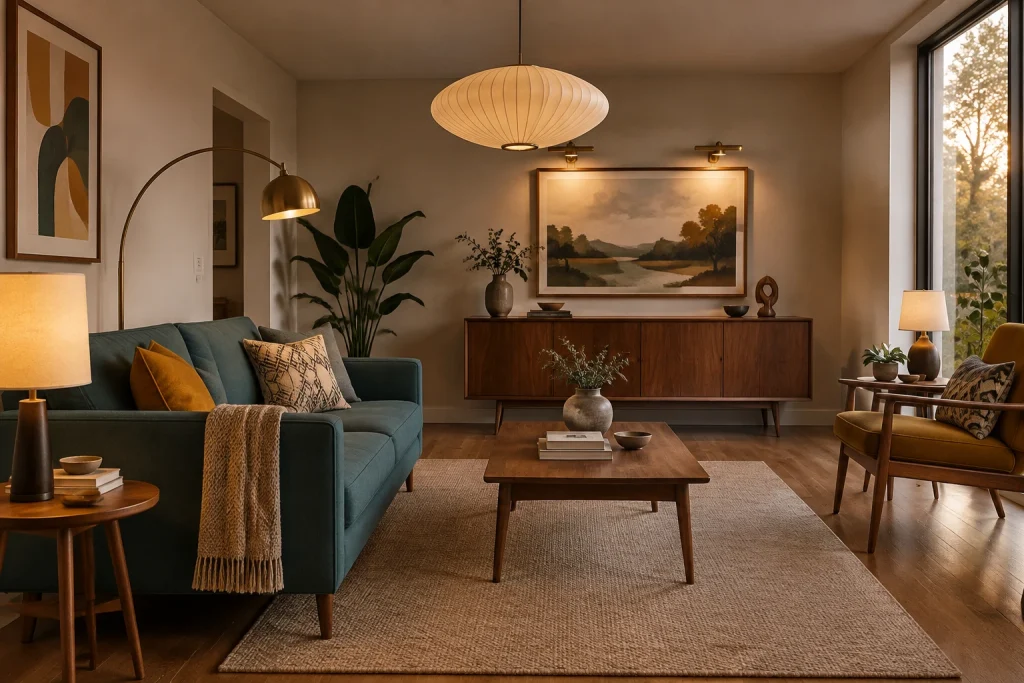 Mid-century low-slung living room with sculptural pendant and layered spot and table lighting, Mid-century modern Small-to-medium living room interior