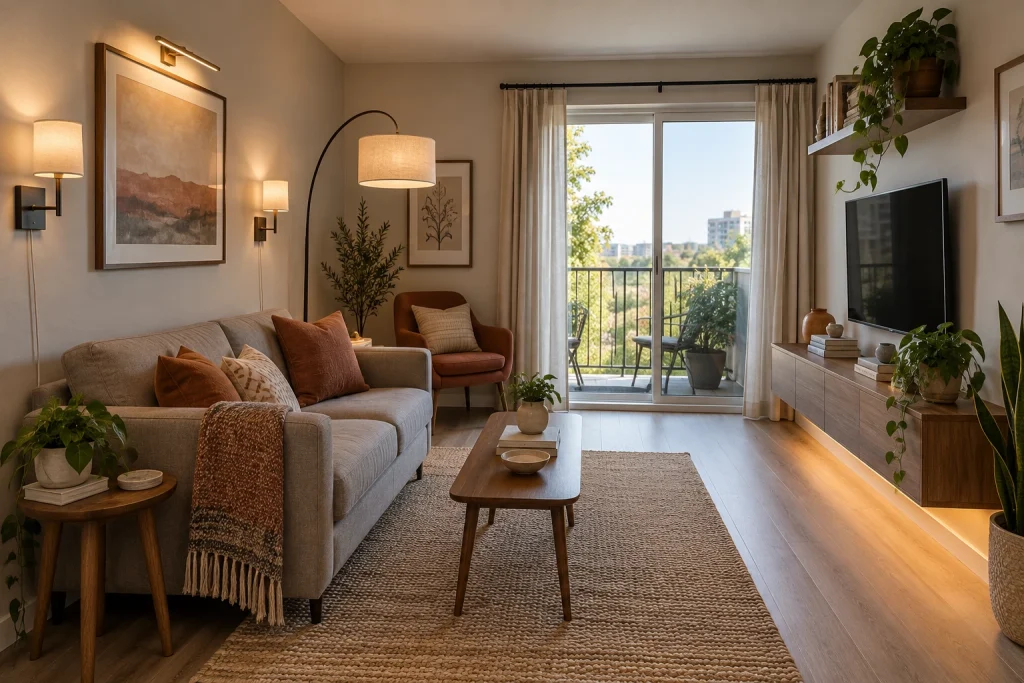Renter-friendly compact living room using plug-in and wall-mounted layered lighting, Contemporary casual, renter-friendly Small apartment living room interior