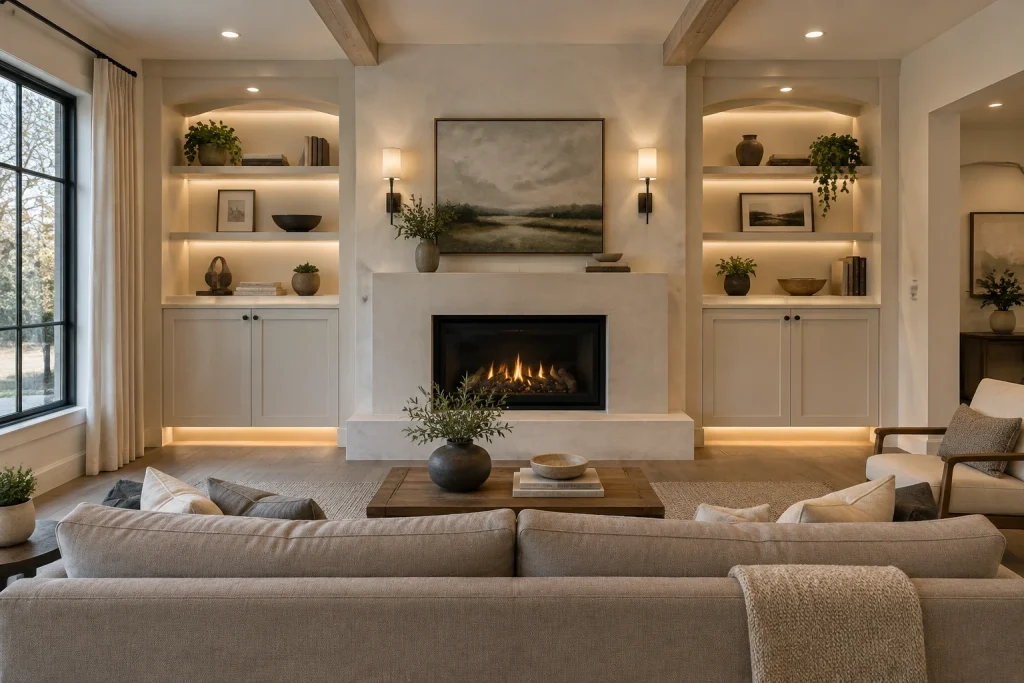 Fireplace-centered living room with built-in accent and integrated cabinet lighting, Modern farmhouse with built-ins Living room with fireplace wall interior