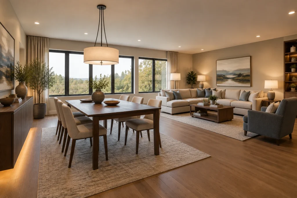 Open-plan living-dining with zoned layered lighting to read and dine, Transitional open-plan Open living and dining area interior