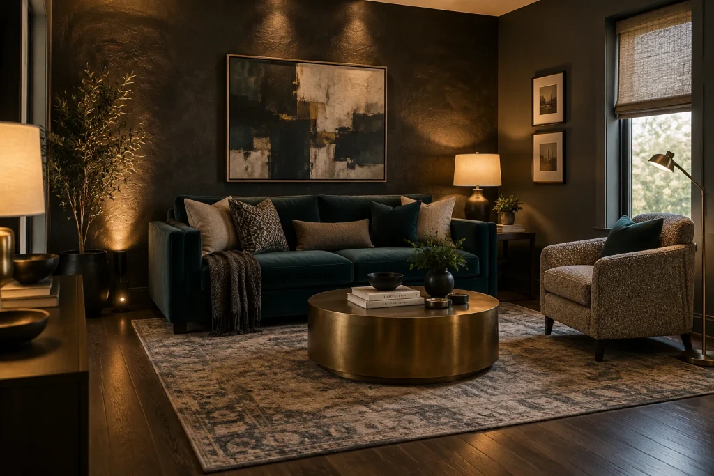 Dark moody living room with warm accent lighting for rich textures and depth, Contemporary jewel-tone Cozy living room interior