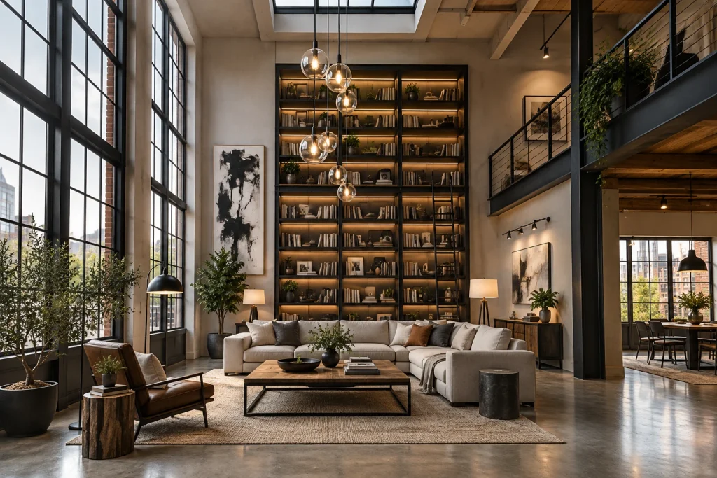 High-ceiling loft living room emphasizing vertical layered lighting, Industrial-modern loft Loft living room with tall ceilings interior
