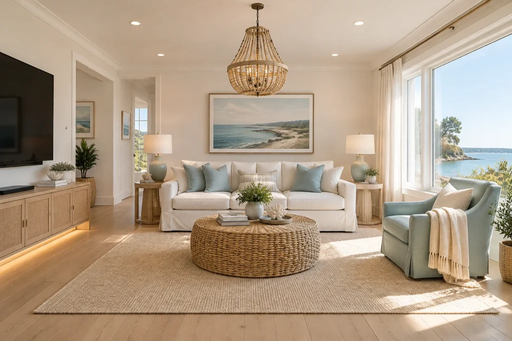 Bright coastal living room with soft layered lighting for photography-friendly brightness, Coastal casual Sunny living room interior
