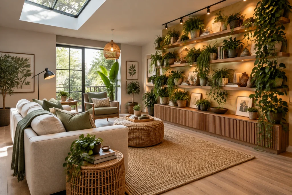 Biophilic living room with skylight and plant-highlight layered lighting, Modern organic Sunlit living room with plant wall interior