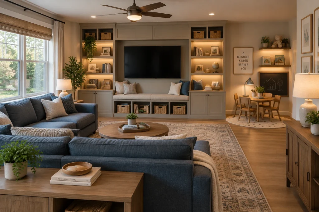 Family-friendly multifunctional living room with durable finishes and layered task lighting, Casual modern family room Family living room with storage and play nook interior