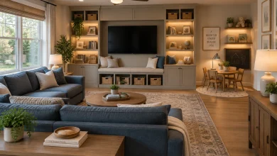 Family-friendly multifunctional living room with durable finishes and layered task lighting, Casual modern family room Family living room with storage and play nook interior