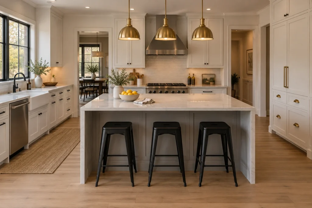 Transitional island composition mixing polished brass pendants, stainless appliances, and matte-black cabinet pulls, Transitional Open-plan kitchen with island interior