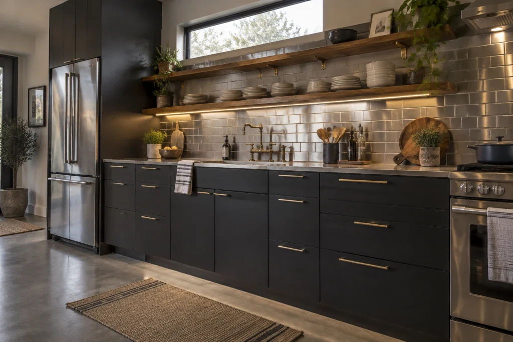 Industrial-meets-modern with stainless tile backsplash, matte-black cabinets, and brass tap and shelf brackets, Modern industrial Single-wall kitchen interior