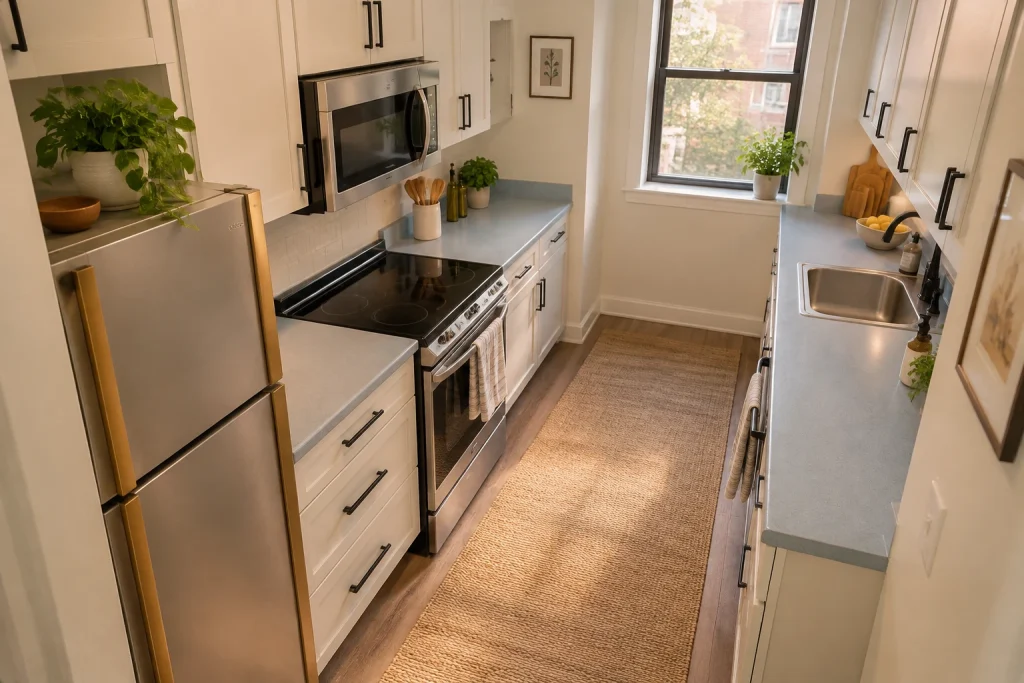 Renter-friendly temporary hardware: adhesive brass-look covers and matte-black pulls on a small galley kitchen, Budget/renter-friendly Small galley kitchen in an apartment interior