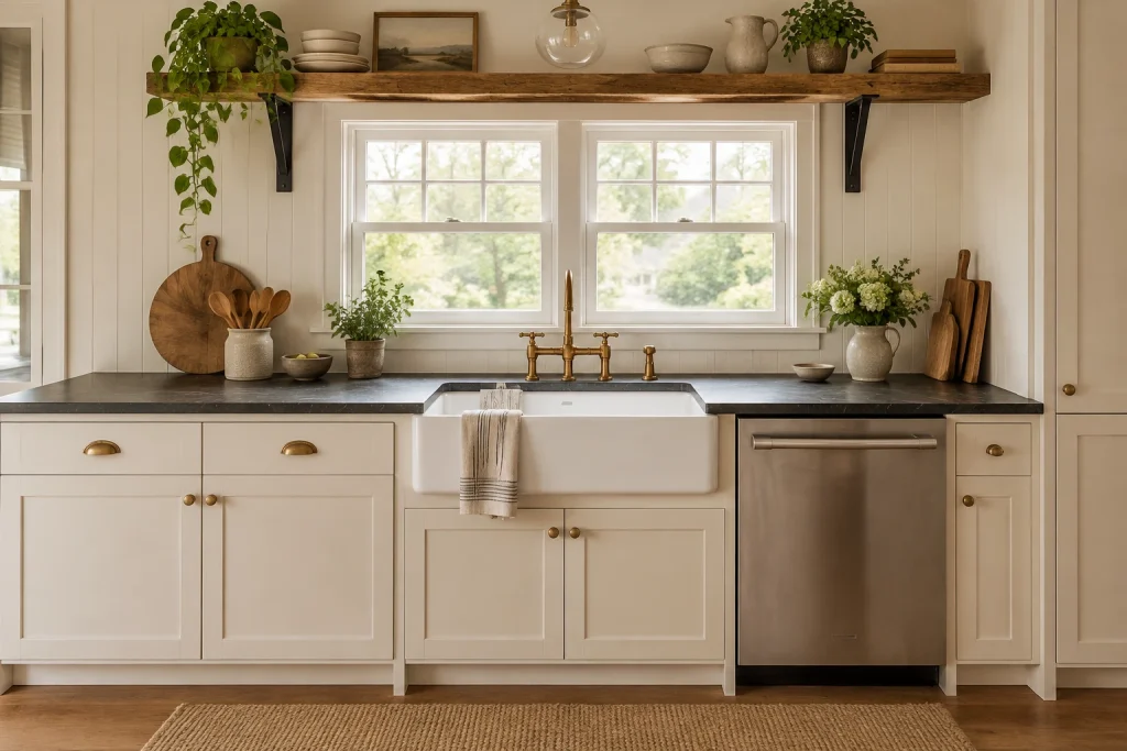 Farmhouse sink wall layering black iron hinges, aged brass faucet, and stainless appliances, Modern farmhouse Sink/utility wall with farmhouse apron sink interior