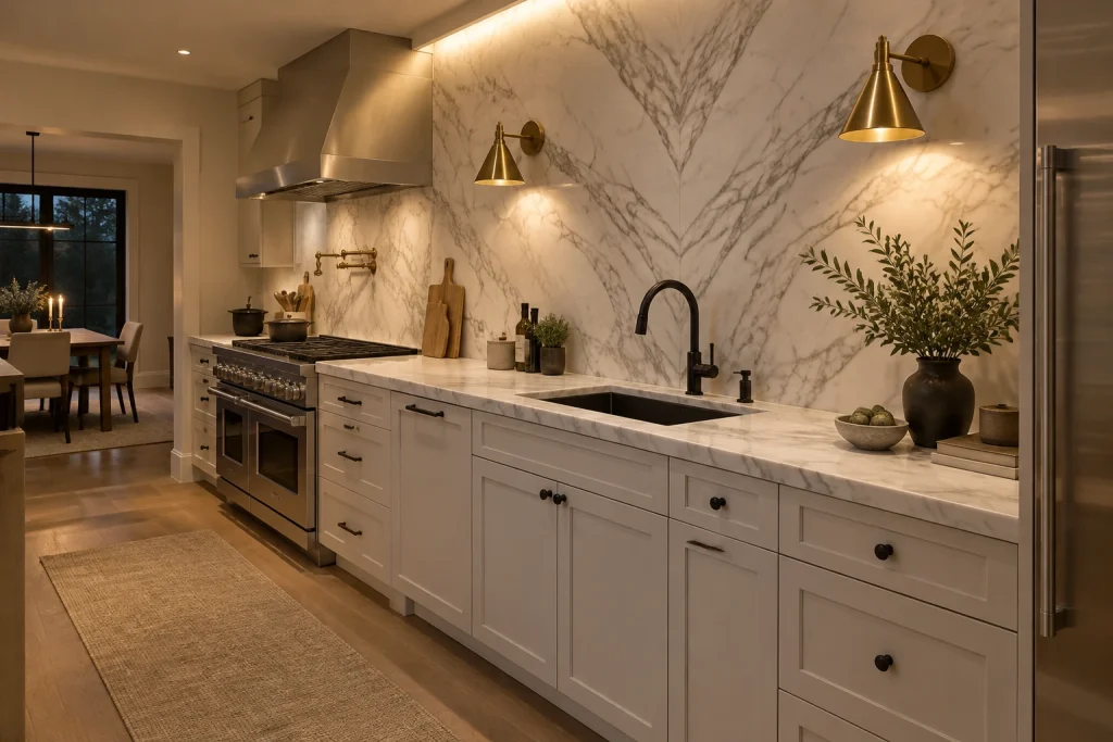 Luxe marble backdrop with polished brass fixtures, stainless appliances, and matte-black sink splice for contrast, Contemporary-luxe Luxury galley/kitchen with full-height marble backsplash interior