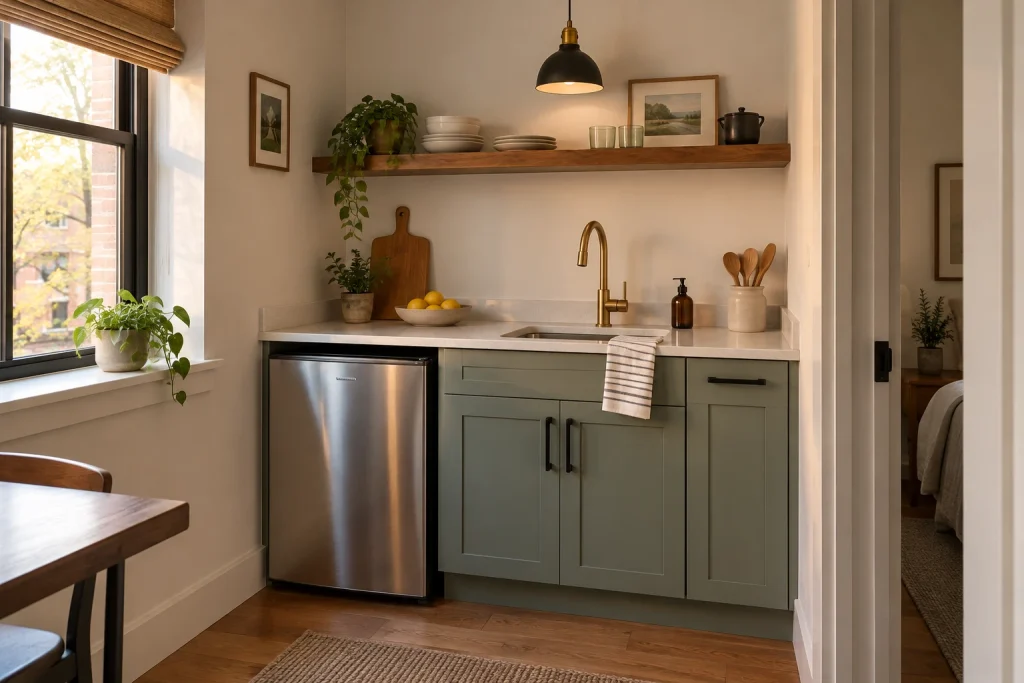 Small-budget refresh using spray-finished hardware and mixed-metal lighting in a compact kitchen nook, Budget DIY Kitchen nook / kitchenette interior