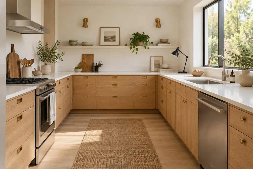 Scandinavian wood-forward kitchen pairing warm brass, brushed stainless, and black minimal hardware, Scandi-Japandi hybrid U-shaped kitchen with integrated cabinetry interior