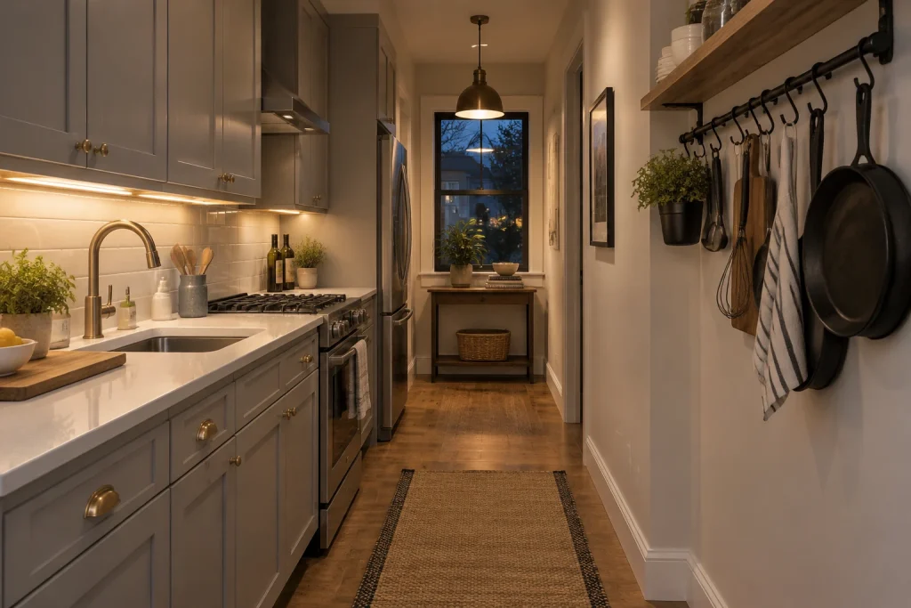 Narrow galley with mixed-metal vertical accents to elongate the space: black rail hardware, brass lighting, stainless appliances, Contemporary narrow-space solution Tight galley kitchen (narrow) interior