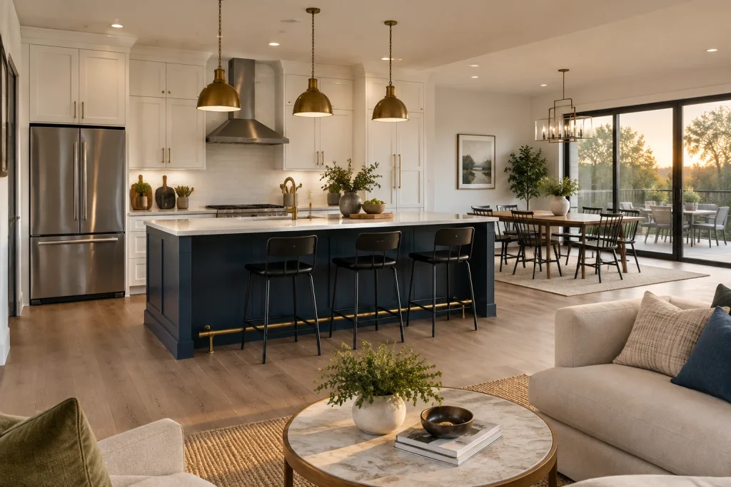 Open-plan entertainer’s kitchen with mixed-metal bar seating: brass footrail, black stools, stainless counter appliances, Casual modern Island-centric kitchen connected to dining/living area interior