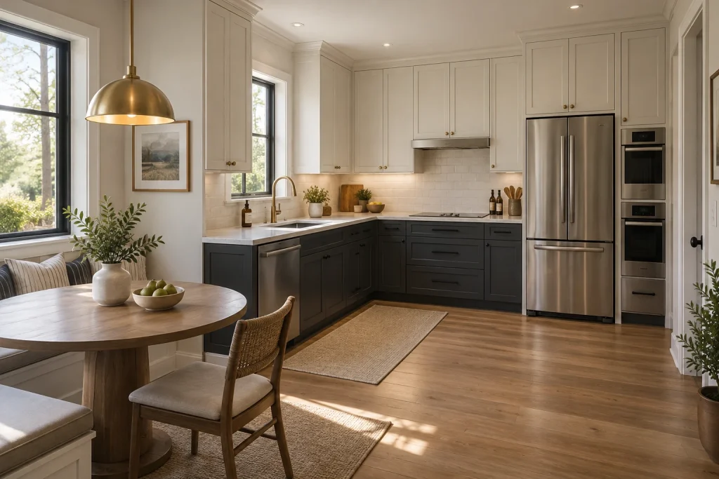 Two-tone cabinetry with deliberate metal zoning: brass upper hardware, stainless appliance zone, black lower pulls to create visual balance, Modern classic two-tone L-shaped kitchen with breakfast nook interior