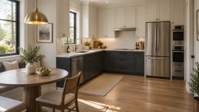 Two-tone cabinetry with deliberate metal zoning: brass upper hardware, stainless appliance zone, black lower pulls to create visual balance, Modern classic two-tone L-shaped kitchen with breakfast nook interior