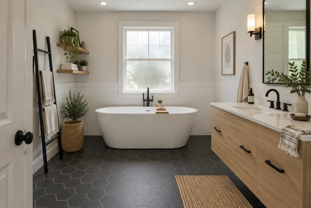 Classic High-Contrast Freestanding Tub, Modern classic Full bathroom with freestanding tub interior