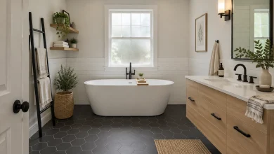 Classic High-Contrast Freestanding Tub, Modern classic Full bathroom with freestanding tub interior