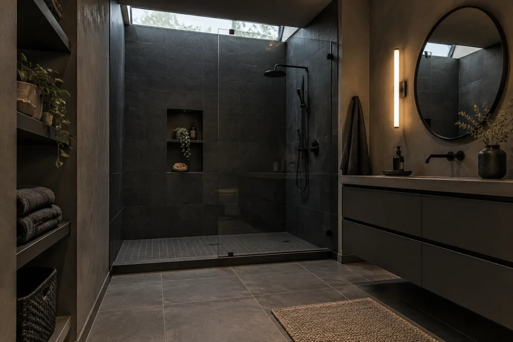 All-Black Moody Shower Room, Contemporary moody Walk-in shower with vanity interior