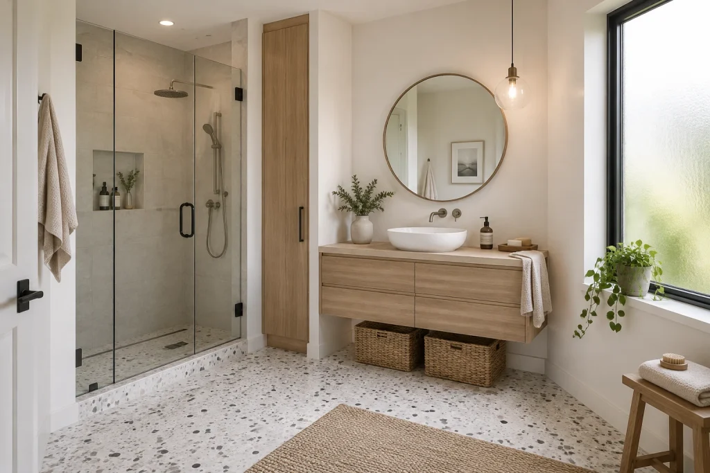 Soft Neutral Scandinavian Vanity, Scandi-minimal Vanity-focused bathroom with shower interior