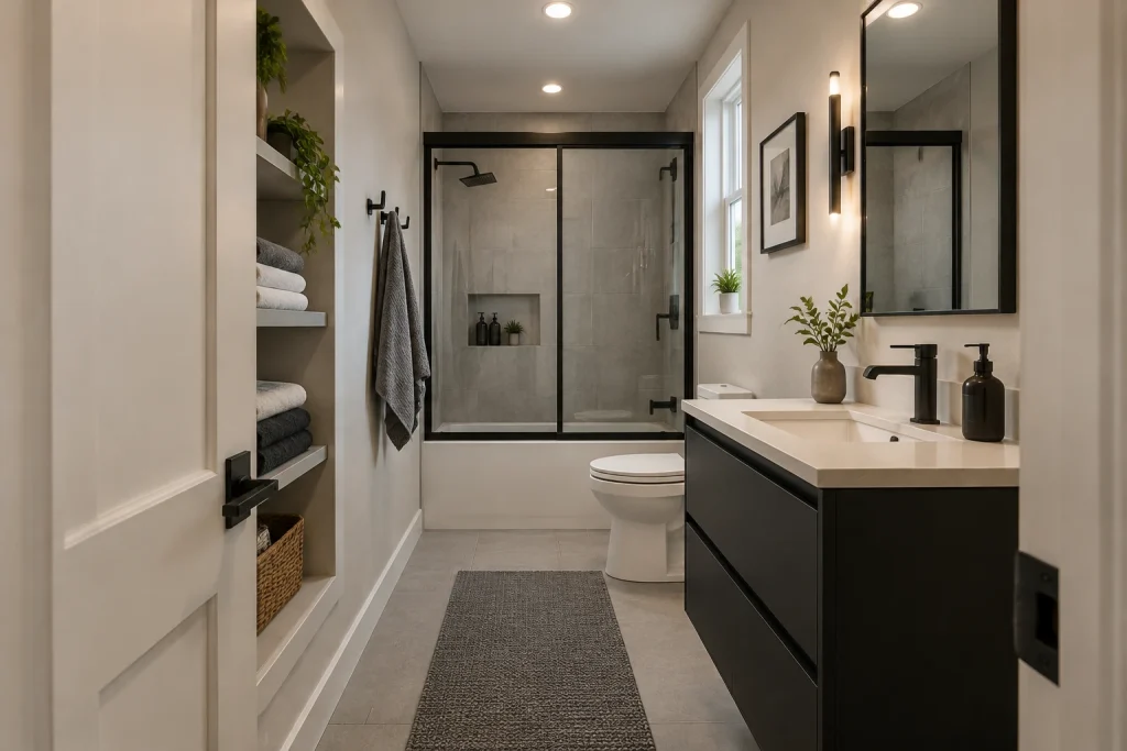 Narrow Galley Bathroom with Glass Shower Screen, Urban apartment galley Small full bathroom (galley layout) interior