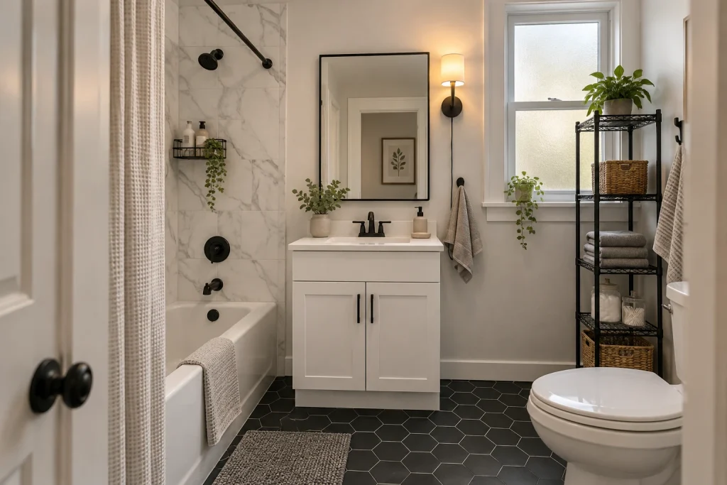 Renter-Friendly Budget Monochrome, Affordable modern Shower/tub in a small rental bathroom interior