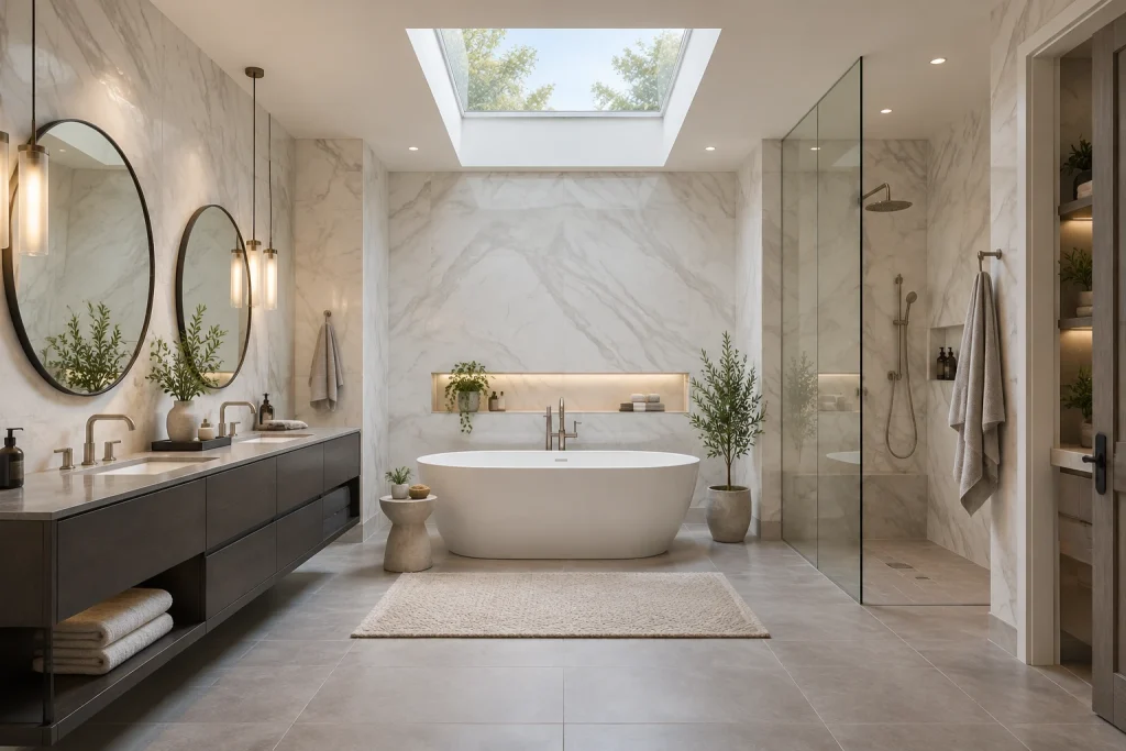 Neutral Marble Spa with Double Vanity, Refined minimal spa Master bathroom with double vanity and soaking tub interior