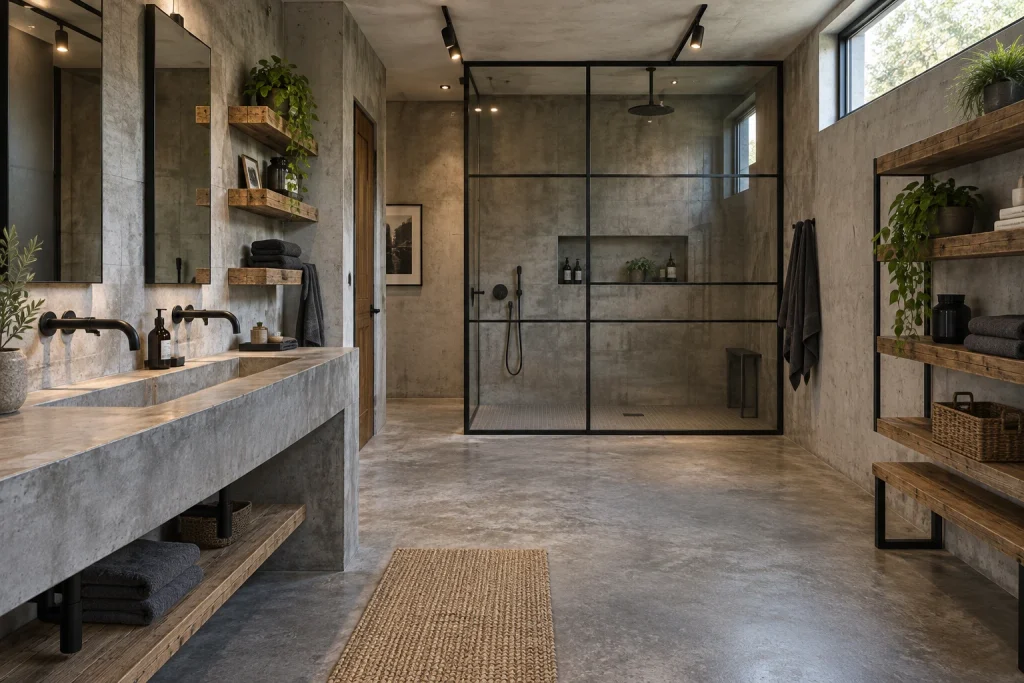 Industrial Concrete and Steel Shower Loft, Industrial modern Shower-forward bathroom in a loft setting interior