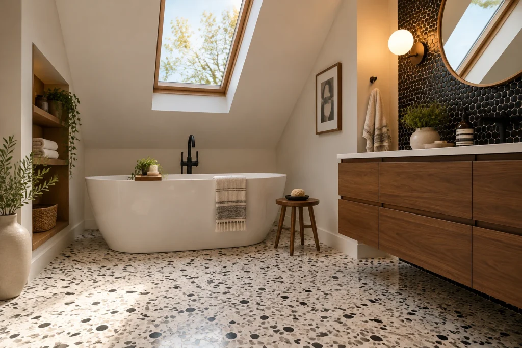 Mid-Century Terrazzo Bathtub Nook, Mid-century modern Bathroom with freestanding tub under sloped ceiling interior