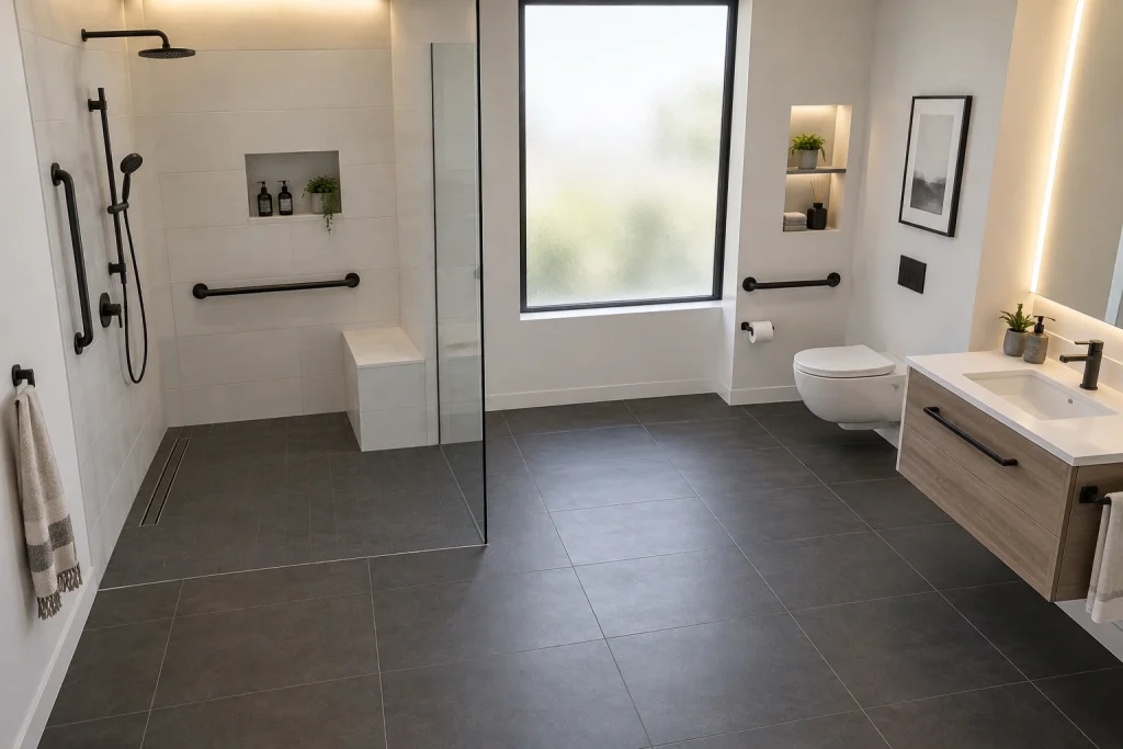 Accessible Curbless Monochrome Bathroom, Universal design minimal Accessible full bathroom with curbless shower interior