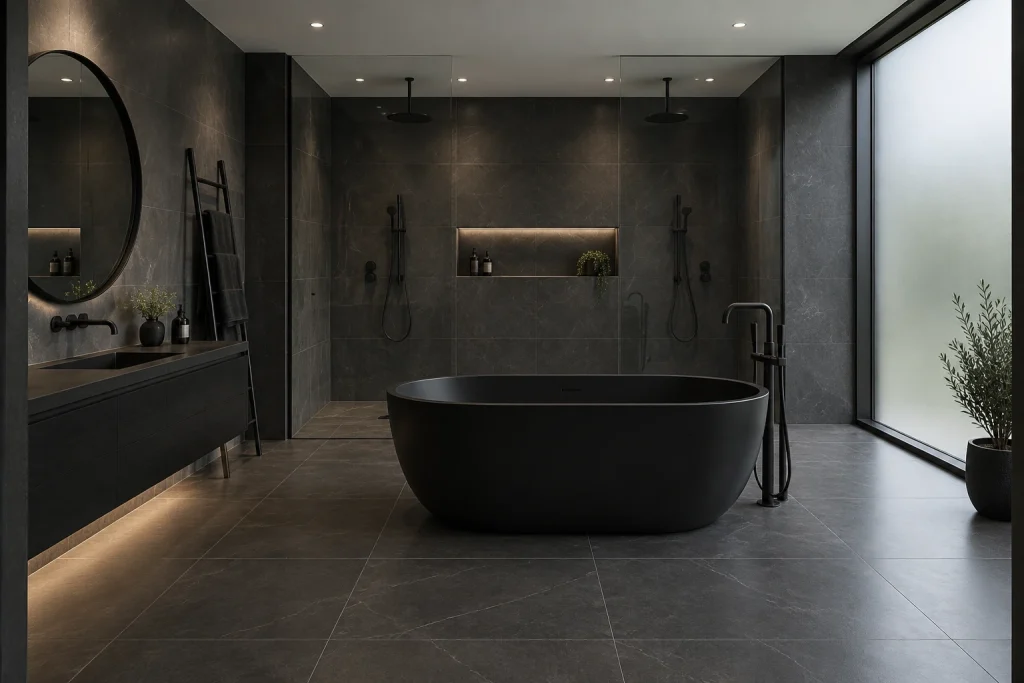 Matte-black wet room — minimalist modern master, Minimalist modern Master wet room (curbless shower + freestanding tub) interior