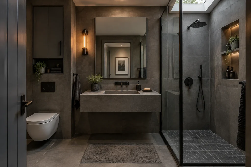 Charcoal concrete industrial ensuite for an urban apartment, Industrial urban Small ensuite bathroom interior
