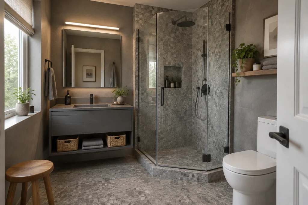 Slate-gray Japandi renter-friendly bathroom, Japandi (Japanese + Scandinavian) Small renter-friendly full bathroom interior