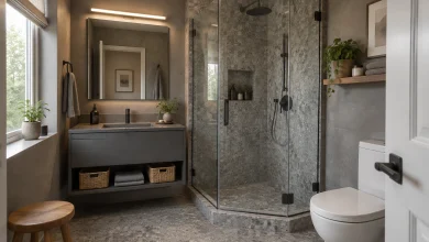 Slate-gray Japandi renter-friendly bathroom, Japandi (Japanese + Scandinavian) Small renter-friendly full bathroom interior