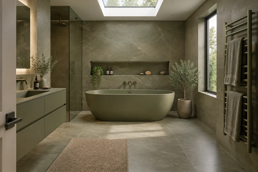 Olive-green spa ensuite with skylight, Modern organic Spa-like ensuite with freestanding tub interior
