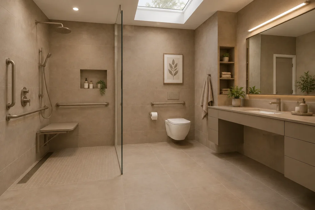 Warm-taupe universal design bathroom, Accessible modern Universal-access full bathroom with bench and grab bars interior