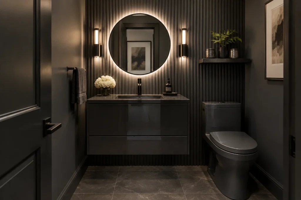 High-gloss charcoal glam powder room, Contemporary glam Powder room interior