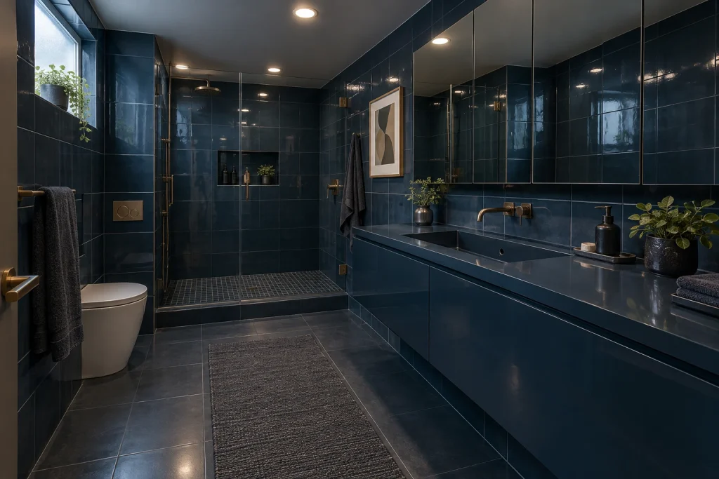 Ink-blue basement bathroom that maximizes light, Mid-century modern influenced Basement/full bath with low ceiling interior