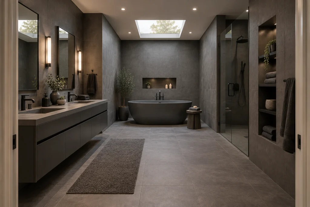 Graphite double-sink master with layered lighting, Modern luxe (achievable) Master bathroom with double vanity and freestanding tub interior