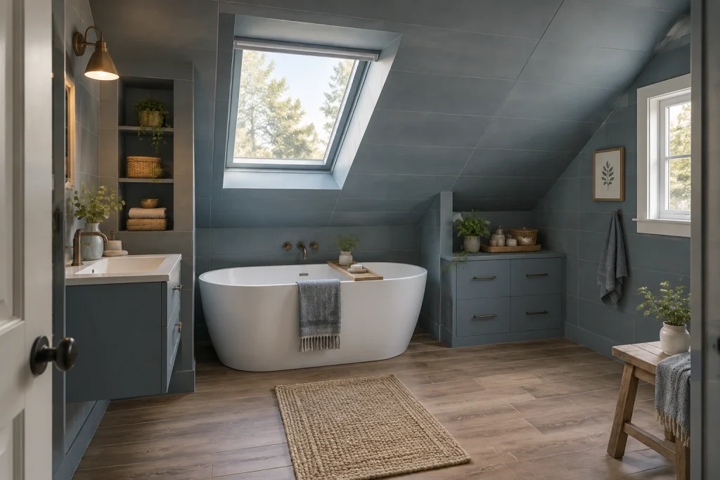 Slate-blue attic bathroom under a sloped ceiling, Cottage-Scandi Attic ensuite under eaves with sloped ceiling interior