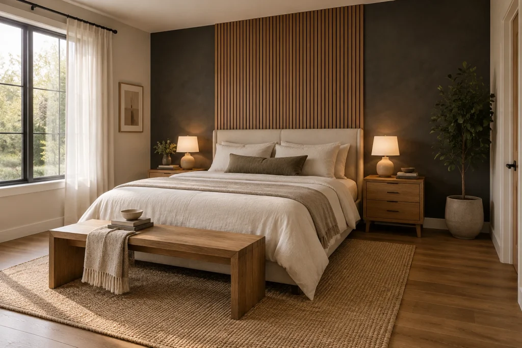 Textured charcoal plaster accent wall with warm fluted-wood paneling, Modern organic Primary bedroom interior